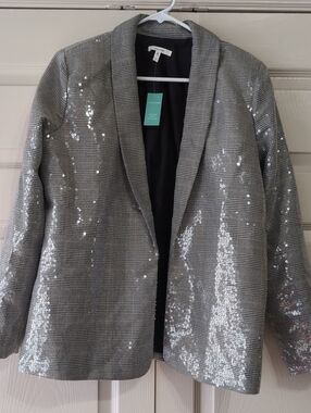 Maurices Gray Sequin Plaid Open-Front Blazer